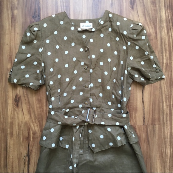 Vintage olive green polka dot belt secretary dress M Flawed - Picture 2 of 10